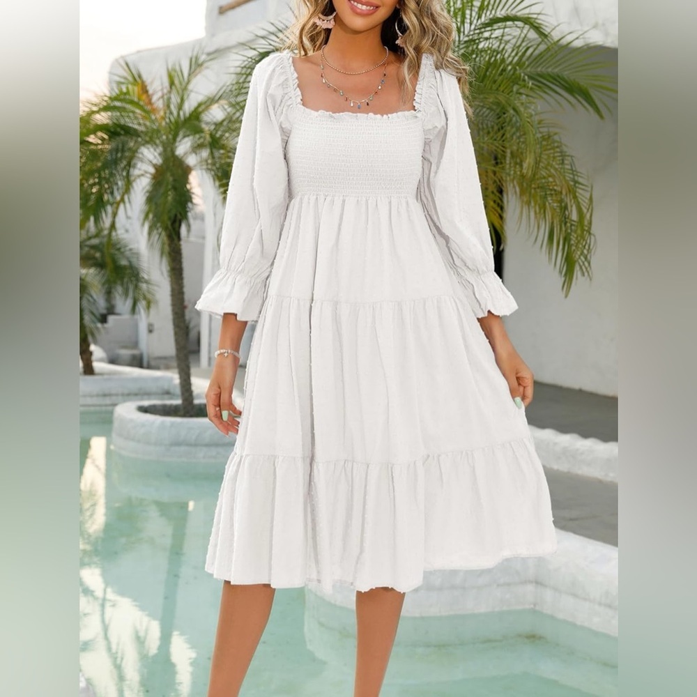 R.Vivimos White Cotton Puff Sleeves Bow Casual Off-Shoulder Boho Midi Dress M